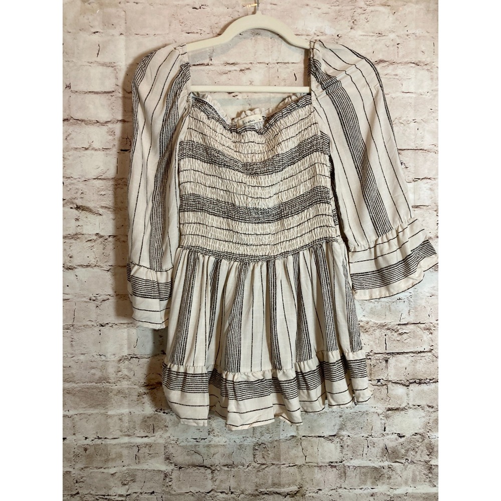 Les Amis Babydoll Top Womens‎ Medium Ivory & Black Striped Smocked Boho Hippie